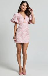 Diana Mini Dress Jacquard Short Sleeve Cut Out Dress in Light Pink